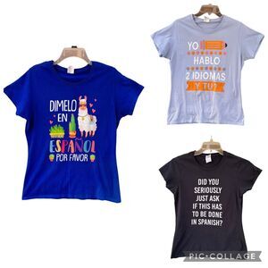 Spanish Teacher Graphic Tee Bundle 3pc Cotton Shirts Blue Black Sz Large Medium
